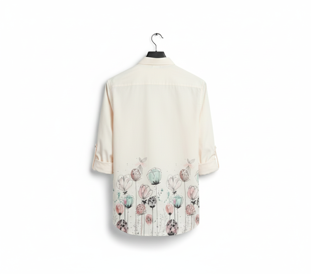 Men's Cream Floral Sketch Print Casual Shirt - Full Sleeve